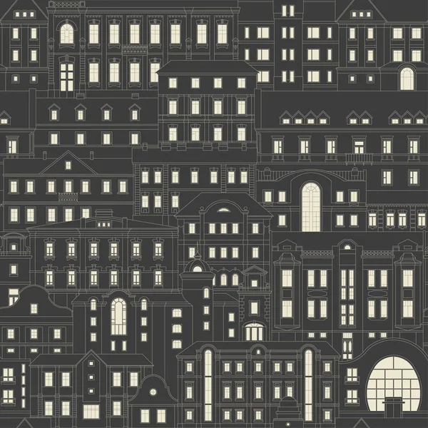 古い夜の街のシームレスなベクトル細線パターン — ストックベクタ