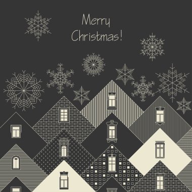 Noel tebrik kartı ve düşen kar taneleri ile