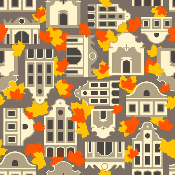 Autumn seamless pattern of houses and falling leaves