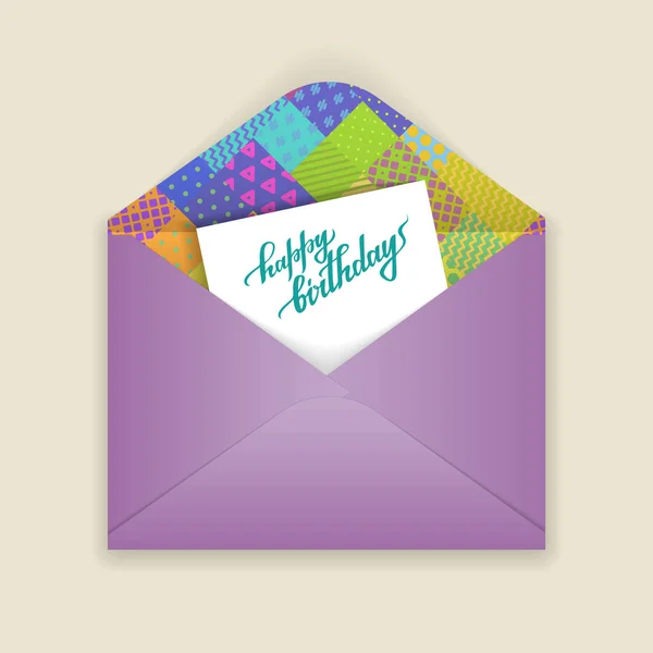 Enveloppe papier avec lettrage d'anniversaire à l'intérieur — Image vectorielle