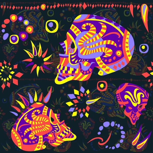 カラフルなスカルのメキシコ手描かれたシームレス パターン — ストックベクタ