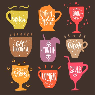 Collection of hot drinks with lettering clipart