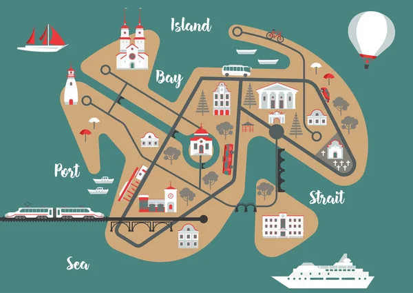 Vector turístico plano mapa de la isla — Vector de stock