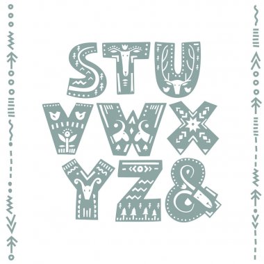 Nordic folk süsler ile dekore edilmiş kalın harflerin vektör ayarlayın. Harfleri S, T, U, V, W, X, Y, Z, ve. Ekran yazı tipi.