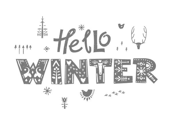 Lettrage Vectoriel Hello Winter Lettres Grises Avec Motifs Folkloriques Animaux — Image vectorielle