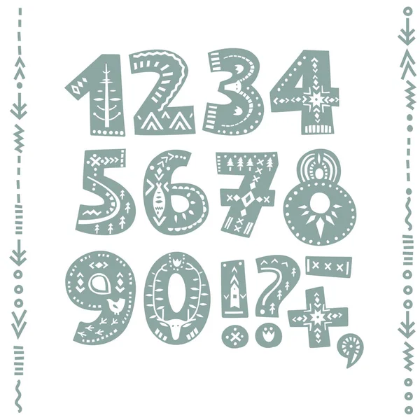 Vector Set Bold Numbers Punctuation Marks Decorated Nordic Folk Ornaments — Stock Vector