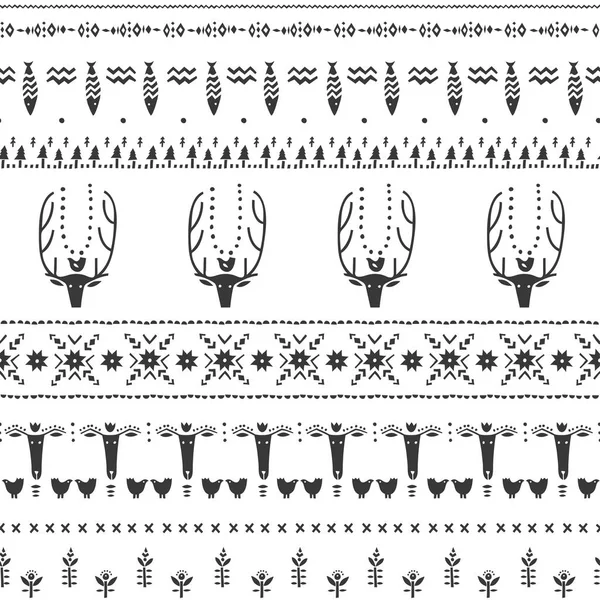 Patrón Nórdico Sin Costura Vectorial Animales Estilizados Plantas Formas Geométricas — Vector de stock