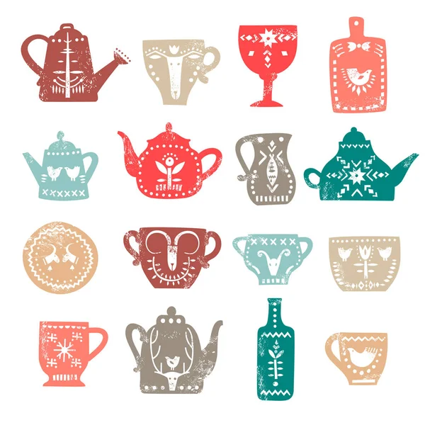 Şık çaydanlık ve bardak beyaz halk desen ve dokuları ile vektör kümesi. Çay Cafe, ambalaj, posterler menü için.