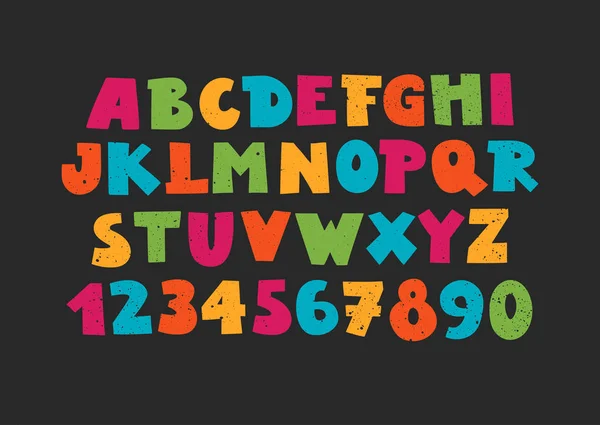 Vector Mayúsculas Colorido Alfabeto Moderno Con Números Funny Fuente Sobre — Vector de stock