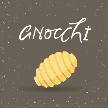Makarna vektör Illustration. Gnocchi harflerle gri bir arka plan ile. Reklam, moda ambalaj için menü tasarımı.