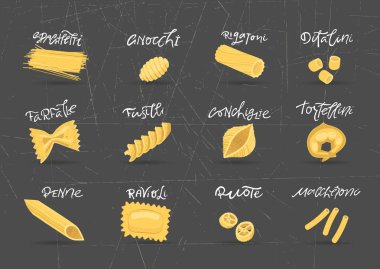 Vektör toplama çeşitli çizilmiş makarna. Ambalaj ve menü tasarımı için.