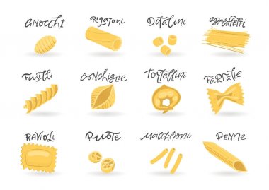 Vektör toplama çeşitli çizilmiş makarna. Ambalaj ve menü tasarımı için.
