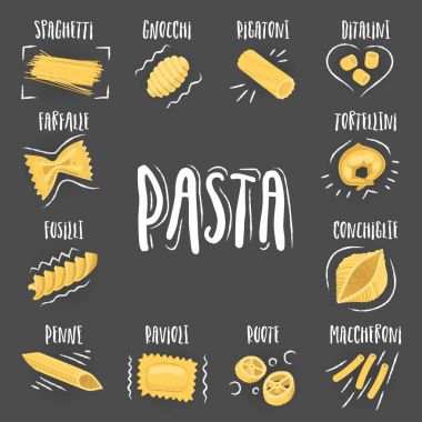 Vektör toplama çeşitli çizilmiş makarna. Ambalaj ve menü tasarımı için.