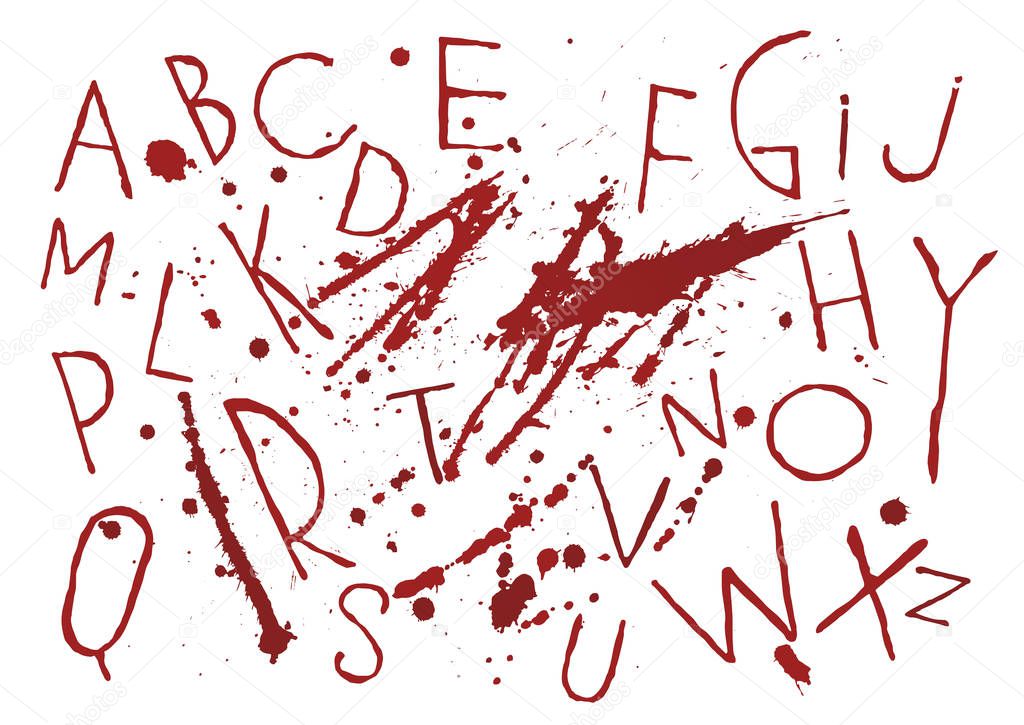 Red bloody capital handwritten vector thin brush alphabet on white background with blots and drops. The themes of horror, thriller, halloween, revenge, murder.