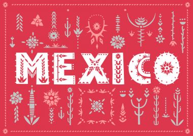 Trendy poster Meksika yazı ile ve dekoratif çiçek öğeleri.