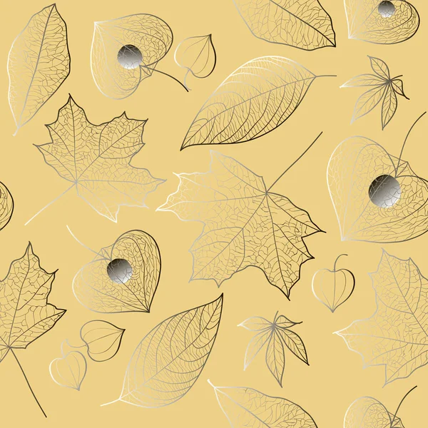 Herbst Nahtlose Vektormuster Die Struktur Der Ahornblätter Walnussbäume Physalis Blüten — Stockvektor