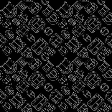Vektör seamless modeli farklı vintage Dekoratif metal kemer ve giyim için tokalar. Siyah arka plan üzerine ince beyaz çizgi.