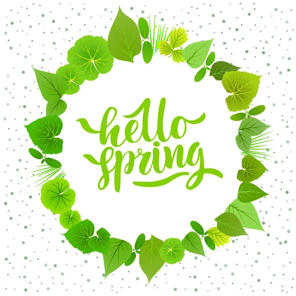 Lettrage Manuscrit Vert Hello Spring Intérieur Cercle Feuilles Fraîches — Image vectorielle