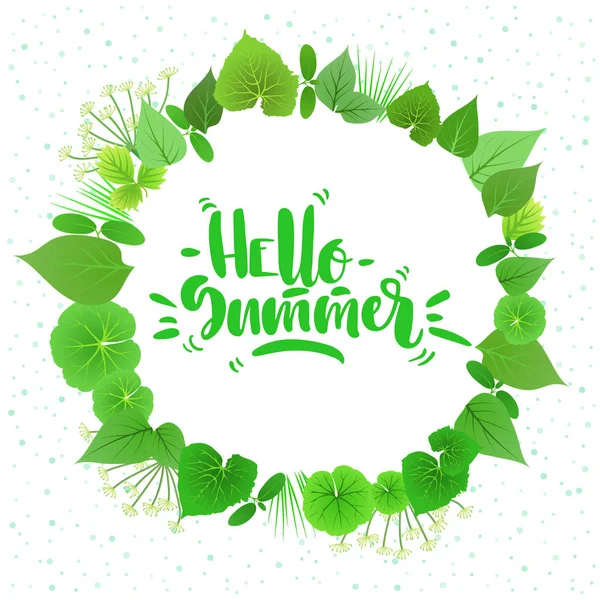 Letras Manuscritas Verdes Hello Summer Dentro Círculo Folhas Frescas — Vetor de Stock