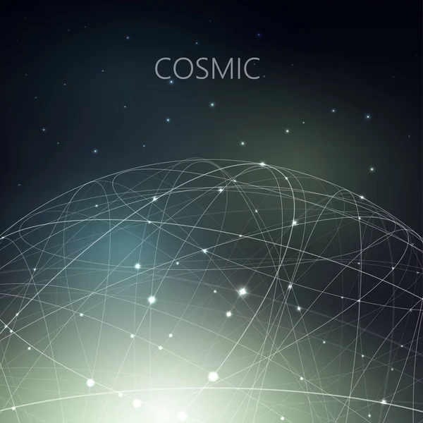 Vector illustration on the theme of physics, atomic nucleus, cosmos, astronomy. The structure of curve intersecting lines in the form of sphere on dark cosmic gradient mesh background.