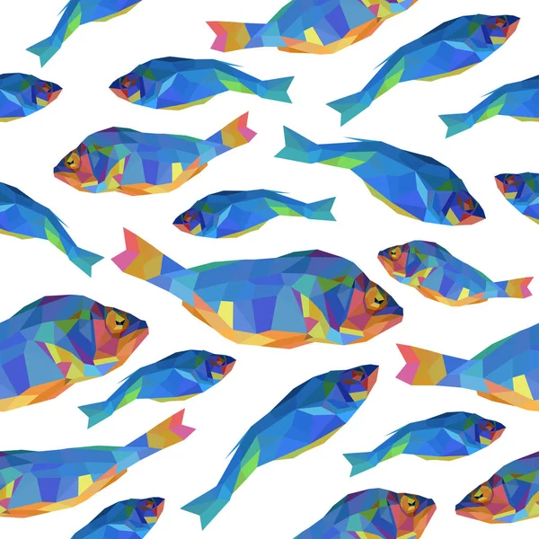 白色背景下不同大小的蓝色栖息地的无缝矢量图案 河鱼纹理 多边形样式 — 图库矢量图片