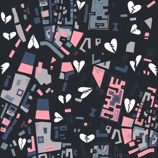 Trendy seamless pattern with a hand-drawn city map and broken hearts. Dark version.