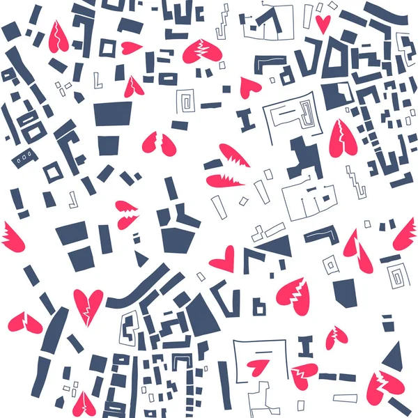 Trendy Seamless Modeli Çizilmiş Şehir Haritası Kırık Kırmızı Kalpler Beyaz — Stok Vektör