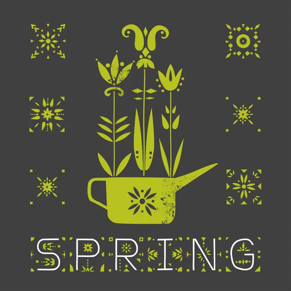 Vektoros Illusztráció Tavasz Három Díszes Virágok Nőnek Locsolókanna Dekoratív Szöveg — Stock Vector