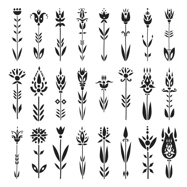 Vektor Set Von Dekorativen Schwarzen Blumen Ethnischen Stil — Stockvektor