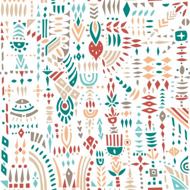 Geometrik şekiller ve stilize çiçek sorunsuz vektör desen. Beyaz renkli.