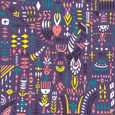 Geometrik şekiller ve stilize çiçek sorunsuz vektör desen. Mor renkli.