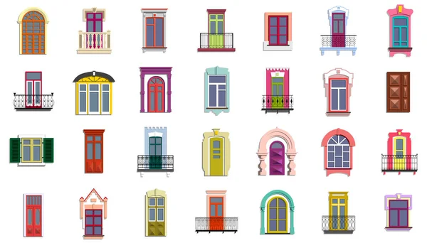 Vektör Kümesi Düz Vintage Renkli Dekoratif Kapılar Pencereler Balkon — Stok Vektör