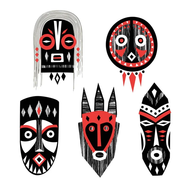 Collection Vectorielle Masques Totems Amulettes Africains Dessinés Main — Image vectorielle