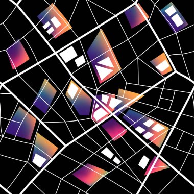 Var olmayan şehir haritası sorunsuz yapısını. Beyaz çizgiler ve sıvı degrade çokgenler ile siyah desen.