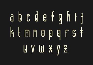Vektör alfabe seti. Küçük harfler ile puan geometrik etnik tarzda. İçin yenilikçi Tema, müzik albüm kapak tasarımı.