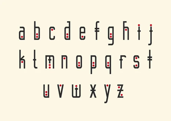 Alfabeto Vettoriale Lettere Minuscole Stile Etnico Geometrico Con Punti Rossi — Vettoriale Stock