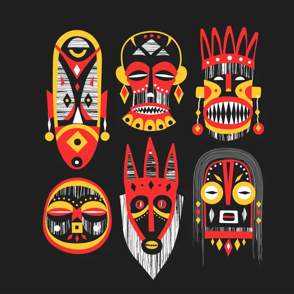 Vector Collection Hand Drawn African Masks Textures Black Background — Stock Vector