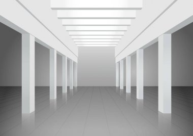 3D illüstrasyon vektör. Beyaz iç in sütunlarla değil mevcut bina ve kirişli tavanlar ve üst ışık. Simetrik görünümü.