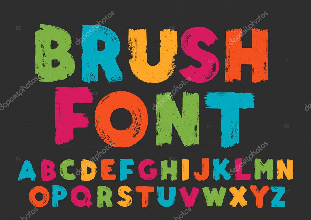 Color capital handwritten vector alphabet on black background. Drawn by semi-dry brush with unpainted areas.