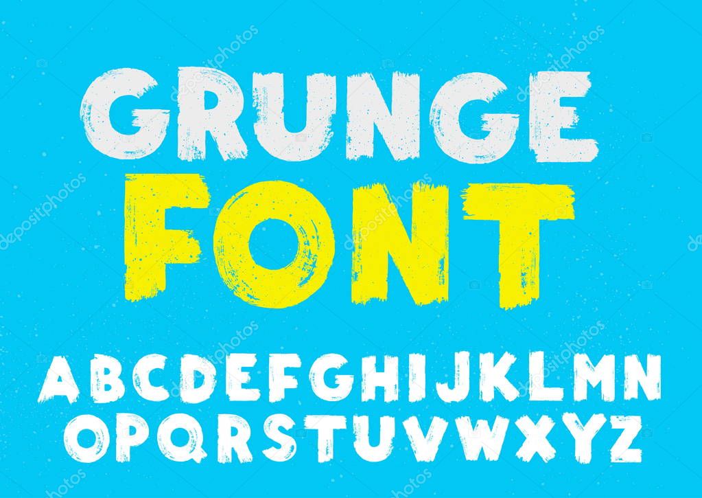 White and yellow grunge capital handwritten vector alphabet on blue background. Drawn by semi-dry brush with unpainted areas.