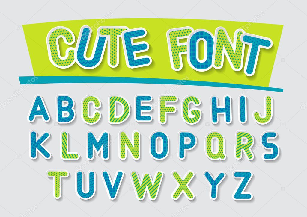 Concept of vector festive alphabet. Blue and green 3d letters with white outline and hatching.