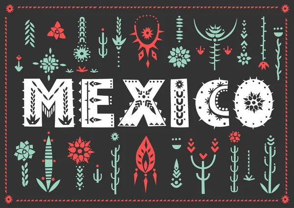 Мексика Декоративными Цветочными Элементами Надписями — стоковый вектор