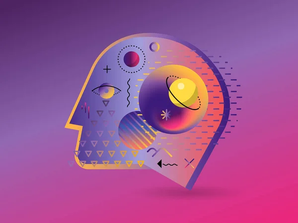 Psikoloji vektör Illustration. Evren ve içinde gezegenler ile insan kafası profili.