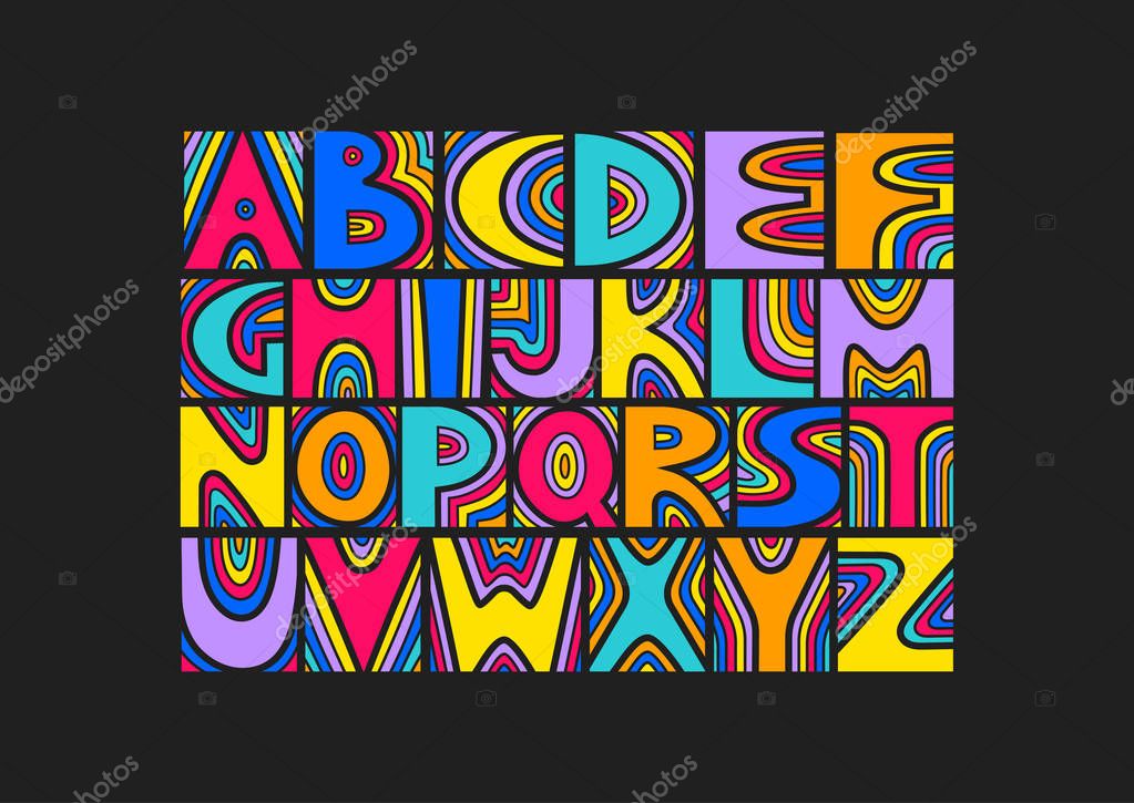 Vector handwritten uppercase artistic colorful alphabet. For design of music posters, festivals, placards, CD covers.