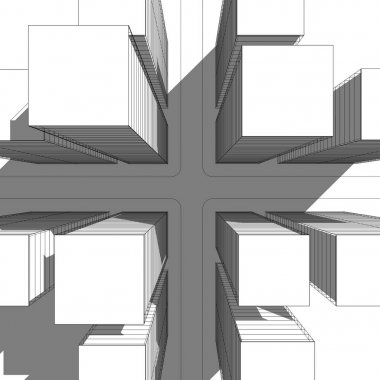 3D çizim. Üstten Görünüm gökdelenler ile non-peyda modern kesişme. Gölgeler ile siyah beyaz çizgi grafik.