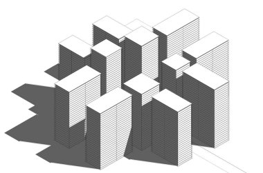 3D çizim. Gökdelenler ile modern bir gelişme üzerinde yan görünümü bir mesafeden. Gölgeler ile siyah beyaz çizgi grafik.