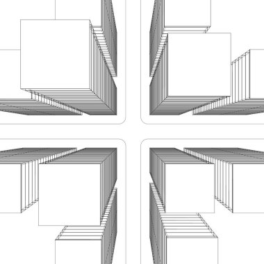 3D çizim. Üstten Görünüm gökdelenler ile non-peyda modern kesişme. Siyah beyaz çizgi grafik.