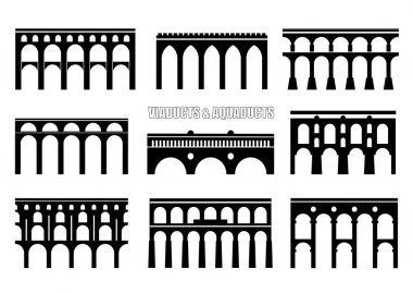 Set of bridge silhouettes. Viaducts, aqueducts, rail and multilevel arched bridges. Concept for logo, icon. clipart
