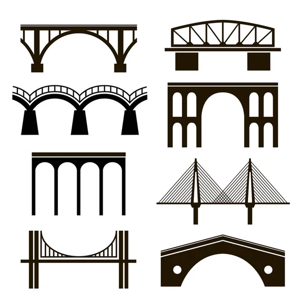 Conjunto Ocho Imágenes Estilizadas Puentes Siluetas Negras Puentes Diferentes Estilos — Vector de stock