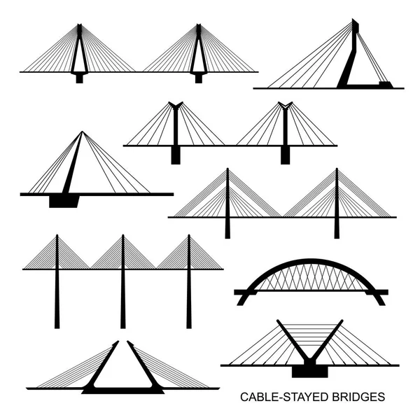 Σύνολο Εννέα Στυλιζαρισμένη Γέφυρες Μαύρες Σιλουέτες Των Διαφόρων Σύγχρονων Καλώδιο — Διανυσματικό Αρχείο